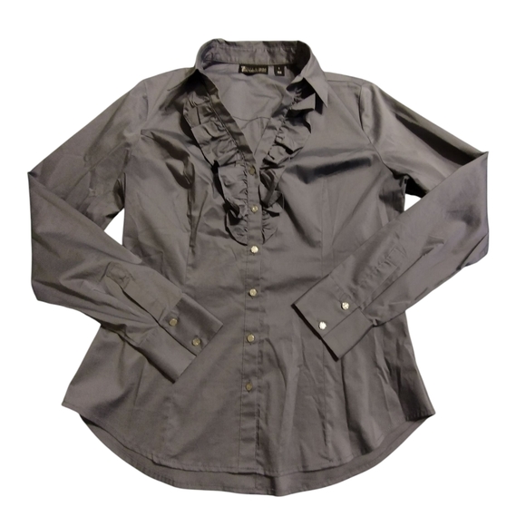 NWOT 7th Design studio New York & CoCharcoal Gray Button Down Blouse Ruffles - Picture 1 of 6